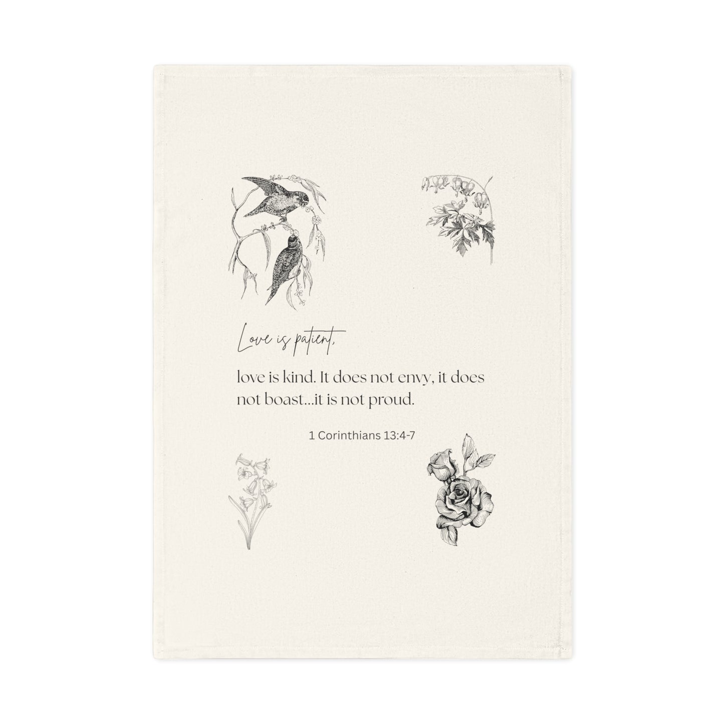 1 Corinthians 15:4-7 & Birds Cotton Tea Towel - Love is Patient Design