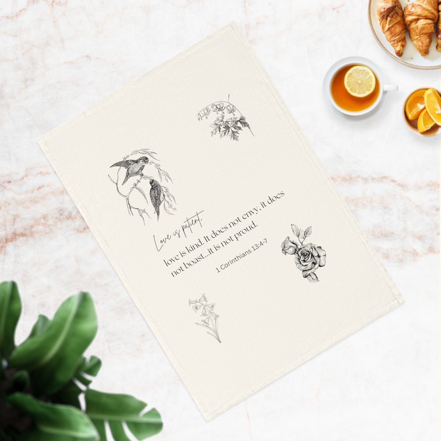 1 Corinthians 15:4-7 & Birds Cotton Tea Towel - Love is Patient Design