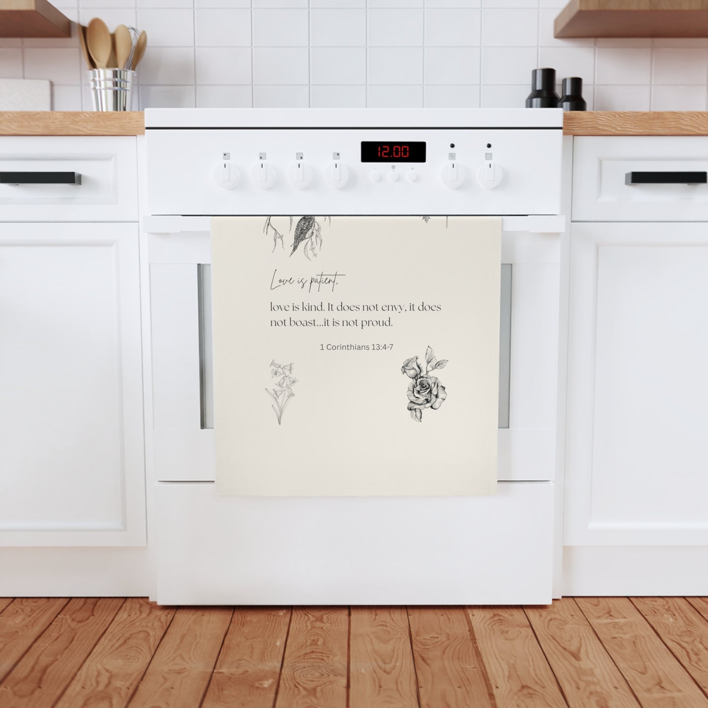 1 Corinthians 15:4-7 & Birds Cotton Tea Towel - Love is Patient Design