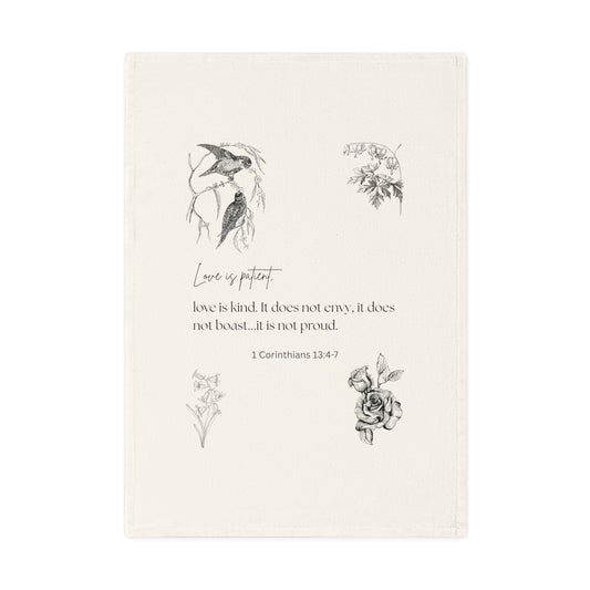 1 Corinthians 15:4-7 & Birds Cotton Tea Towel - Love is Patient Design